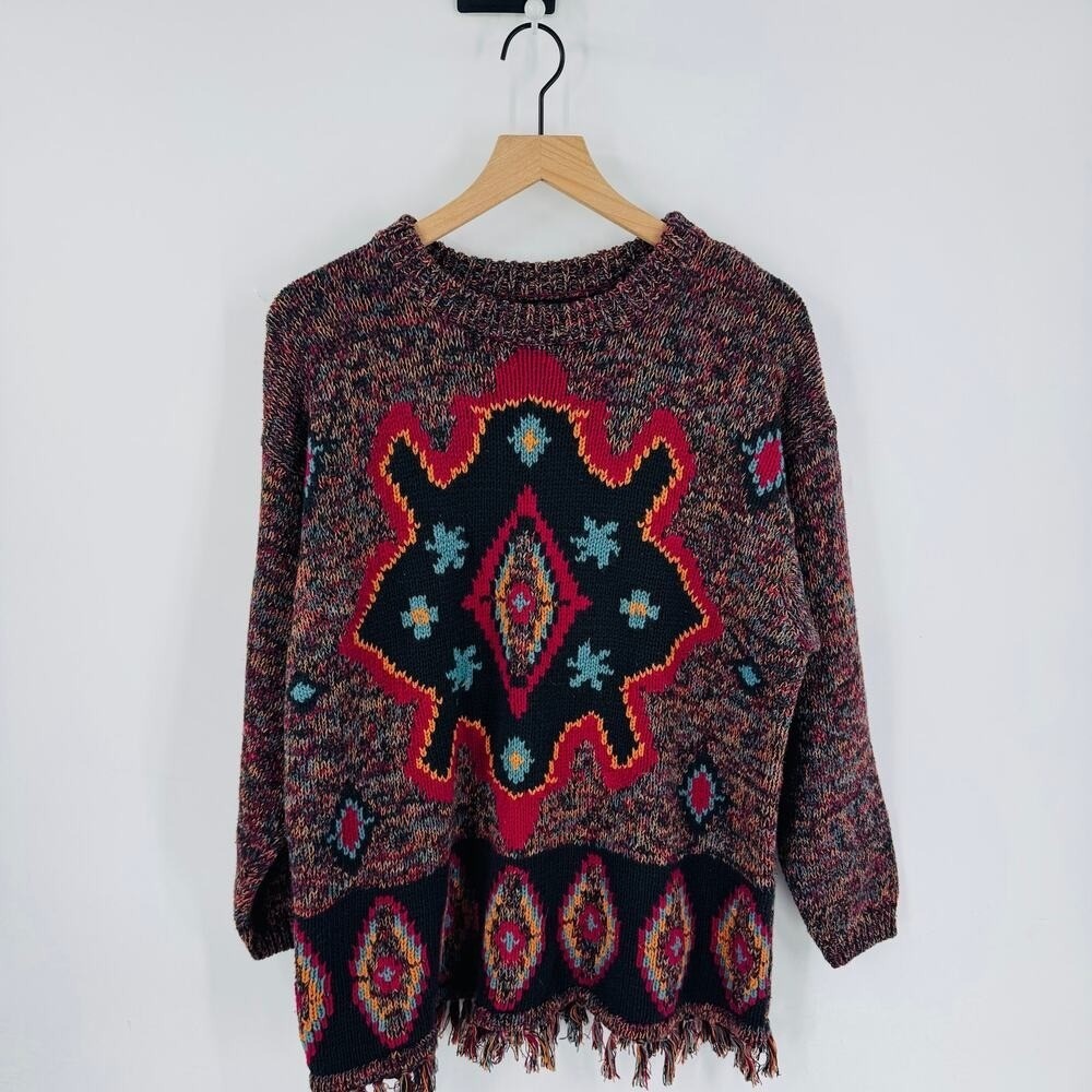 Vintage Cynthia Sweater 1X Boho Southwestern Fringe Hem‎ Colorful Knit